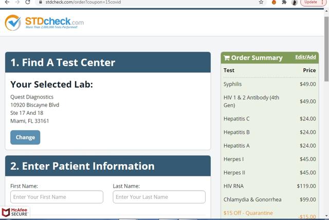 STDcheck.com checkout page showing STDcheck.com discount code box | Screenshot taken by SimplyCodes community member on Apr 27, 2021
