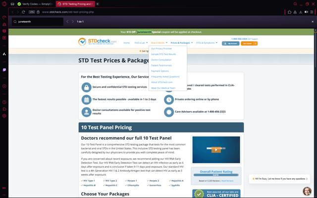 STDcheck.com checkout page showing STDcheck.com discount code box | Screenshot taken by SimplyCodes community member on Aug 8, 2025