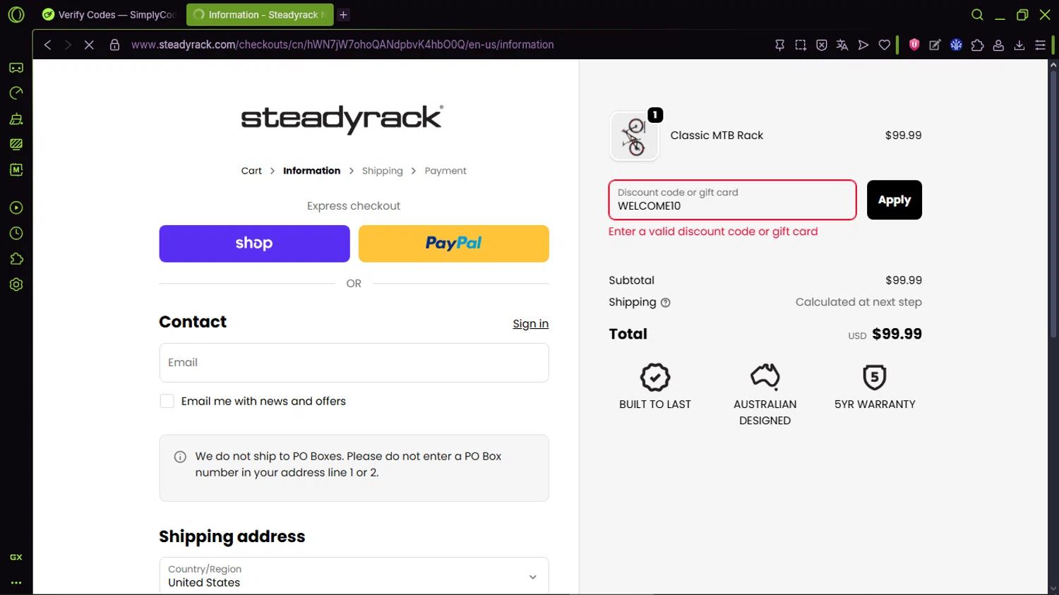 Steadyrack discount code screenshot showing code WELCOME10 applied at Steadyrack checkout page. Uploaded by SimplyCodes community member CleverMaven2889 on Jan 18, 2026