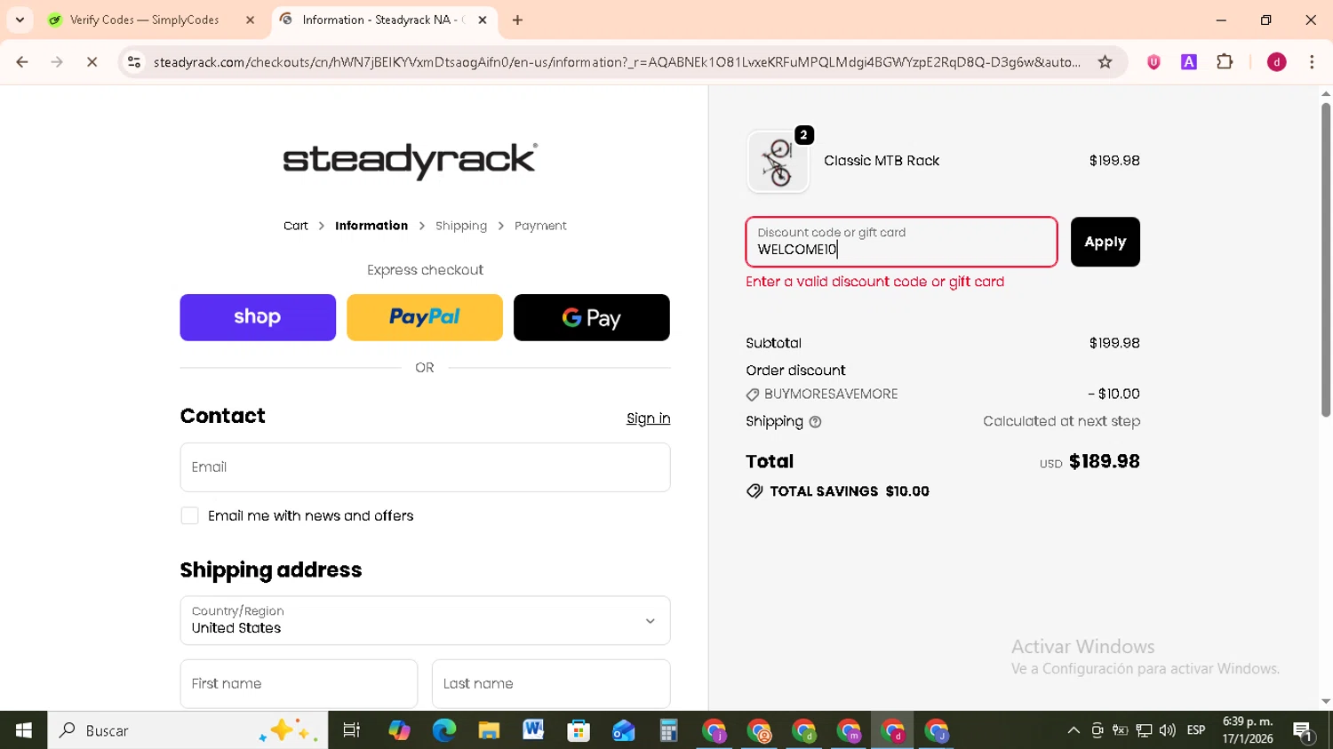 Steadyrack discount code screenshot showing code WELCOME10 applied at Steadyrack checkout page. Uploaded by SimplyCodes community member FrugalMonarch7277 on Jan 17, 2026