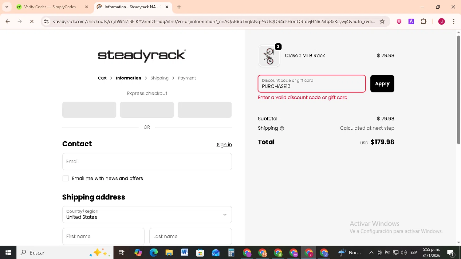 Steadyrack discount code screenshot showing code PURCHASE10 applied at Steadyrack checkout page. Uploaded by SimplyCodes community member FrugalMonarch7277 on Jan 31, 2026