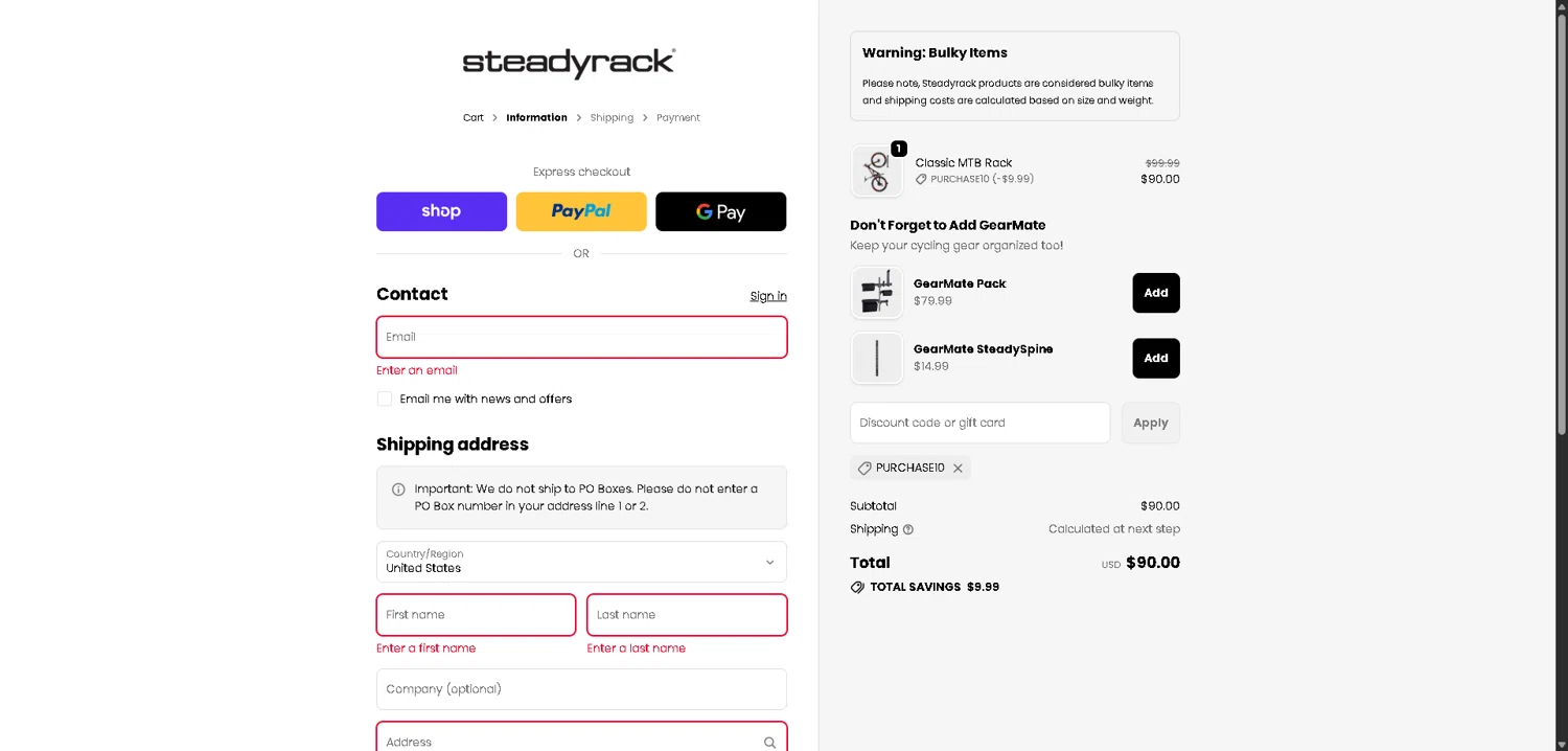 Steadyrack discount code screenshot showing code PURCHASE10 applied at Steadyrack checkout page. Uploaded by SimplyCodes community member VictoriousFinder4393 on Dec 9, 2025