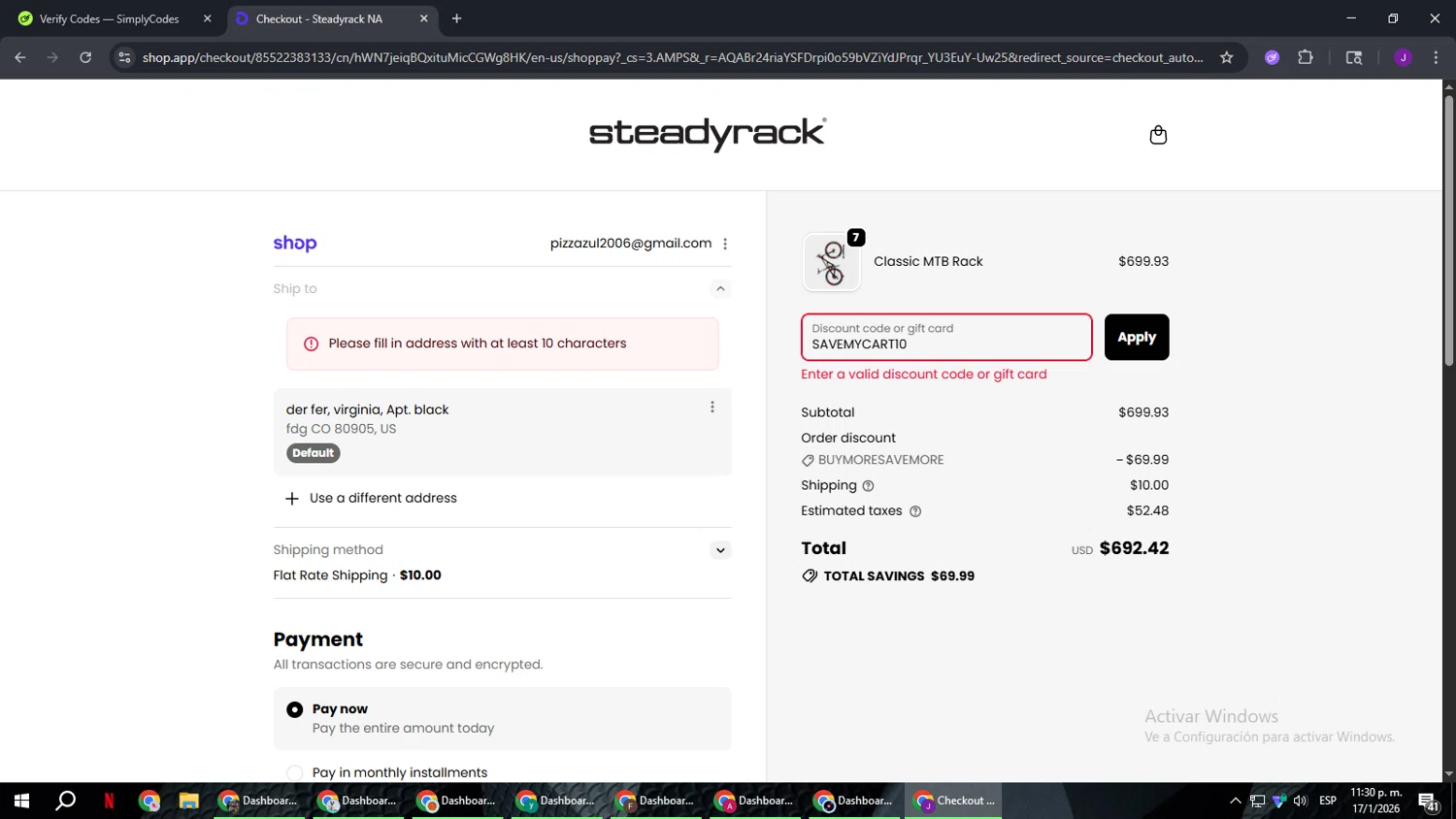 Steadyrack discount code screenshot showing code SAVEMYCART10 applied at Steadyrack checkout page. Uploaded by SimplyCodes community member ComeBurra123 on Jan 18, 2026