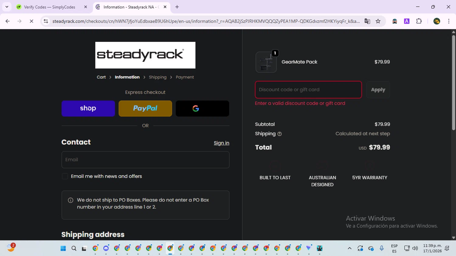 Steadyrack discount code screenshot showing code SAVEMYCART10 applied at Steadyrack checkout page. Uploaded by SimplyCodes community member RewardNavigator9728 on Jan 18, 2026