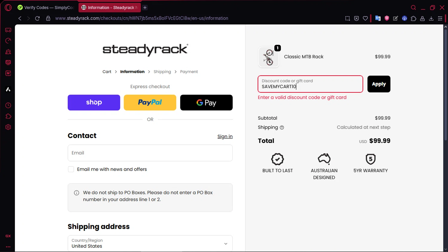 Steadyrack discount code screenshot showing code SAVEMYCART10 applied at Steadyrack checkout page. Uploaded by SimplyCodes community member TOLUENO on Jan 18, 2026
