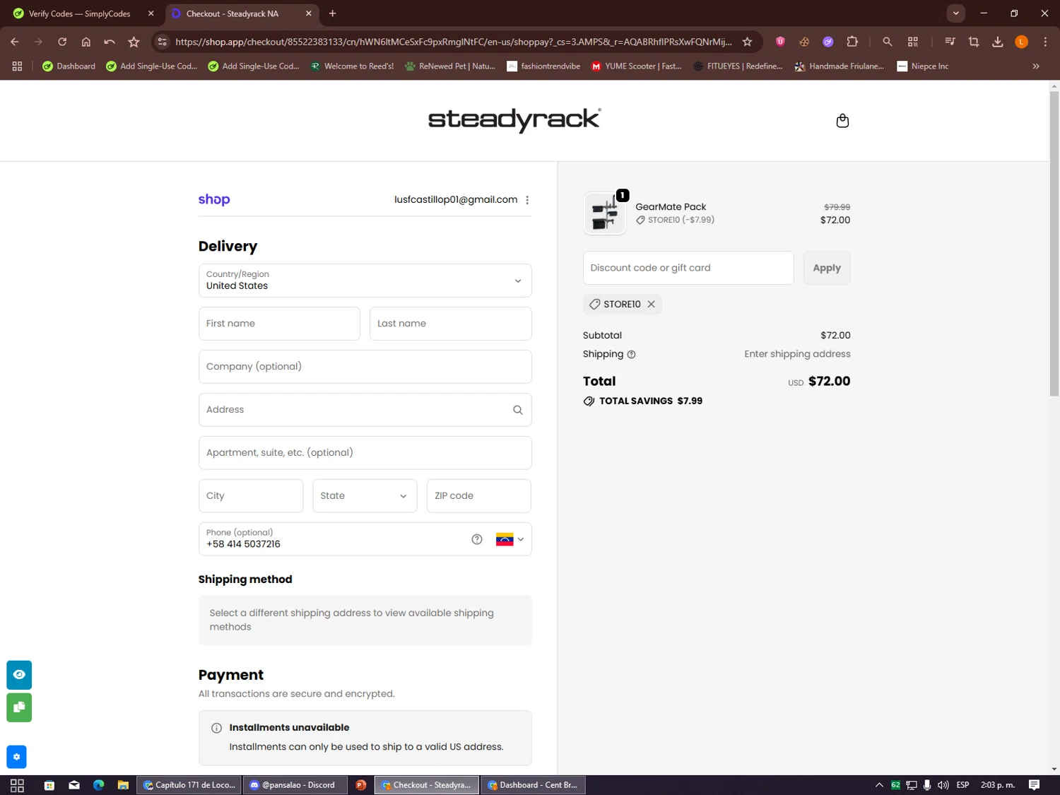 Steadyrack discount code screenshot showing code STORE10 applied at Steadyrack checkout page. Uploaded by SimplyCodes community member Alalee on Dec 23, 2025