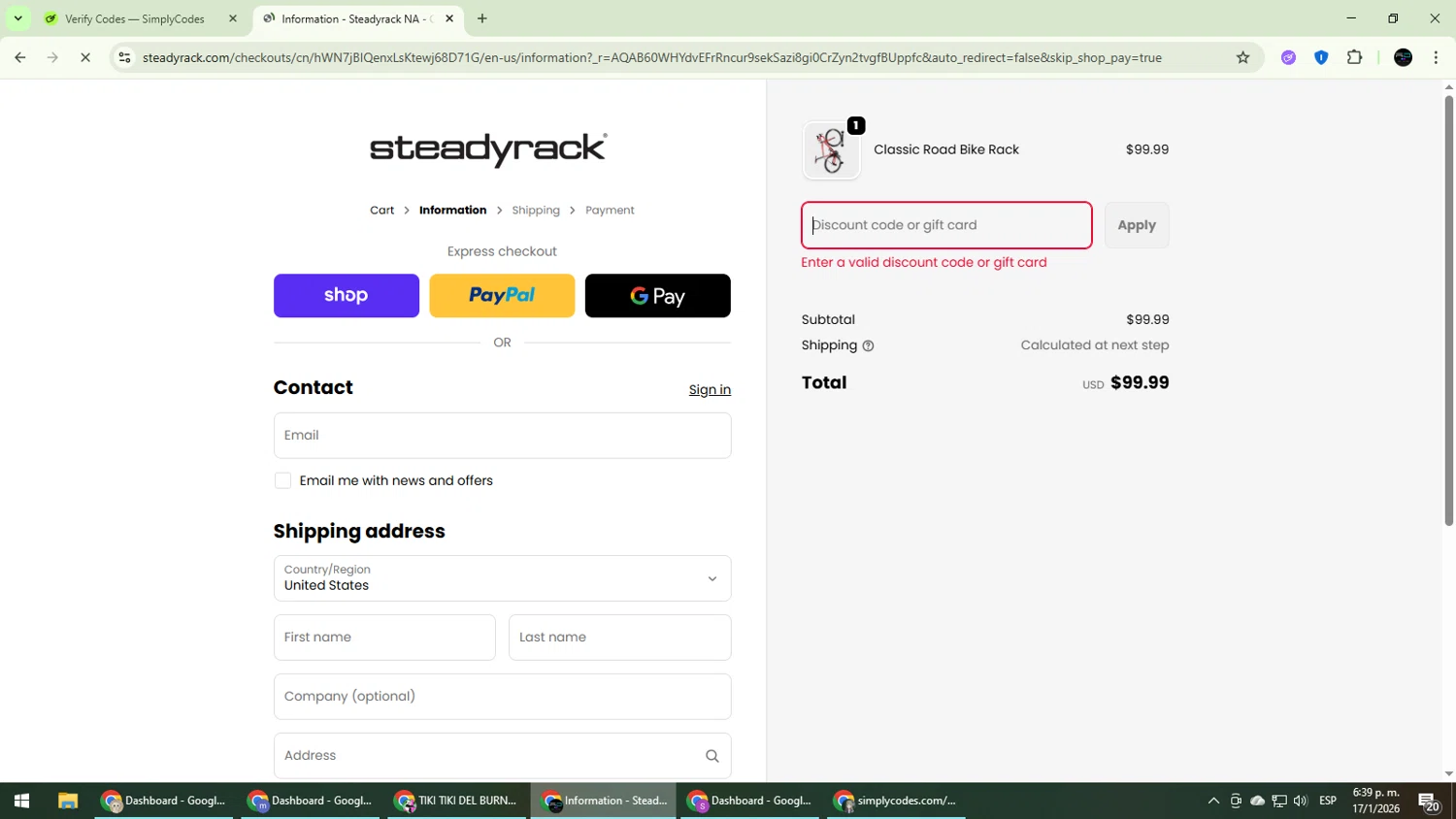 Steadyrack discount code screenshot showing code STORE10 applied at Steadyrack checkout page. Uploaded by SimplyCodes community member CarmenVGR on Jan 17, 2026