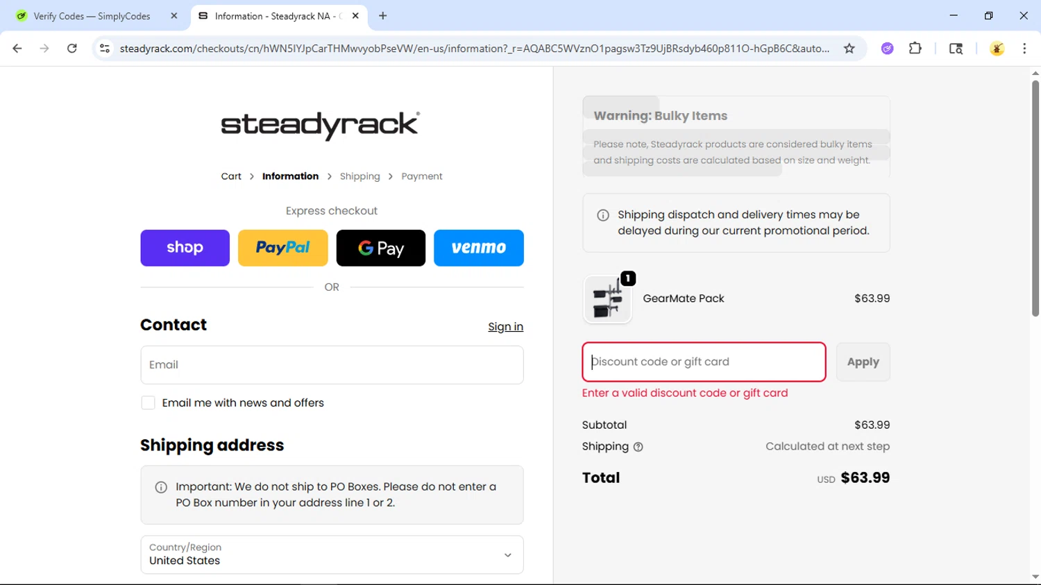 Steadyrack discount code screenshot showing code CHECKOUT10 applied at Steadyrack checkout page. Uploaded by SimplyCodes community member GloriousSage2502 on Nov 14, 2025