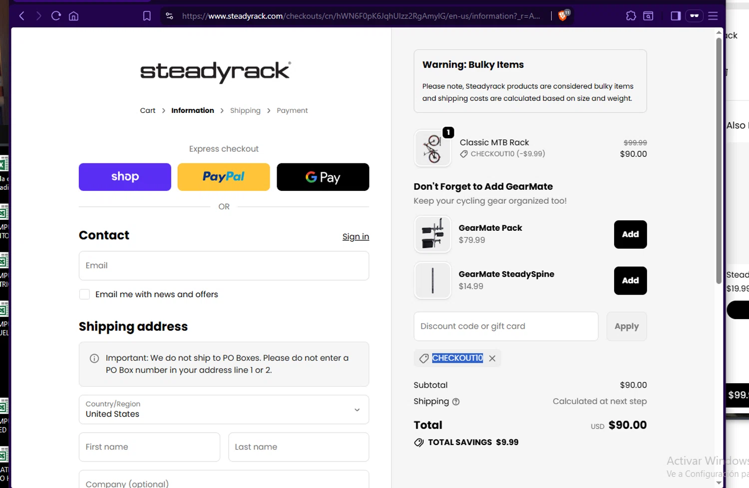 Steadyrack discount code screenshot showing code CHECKOUT10 applied at Steadyrack checkout page. Uploaded by SimplyCodes community member Jmhernand1 on Dec 9, 2025