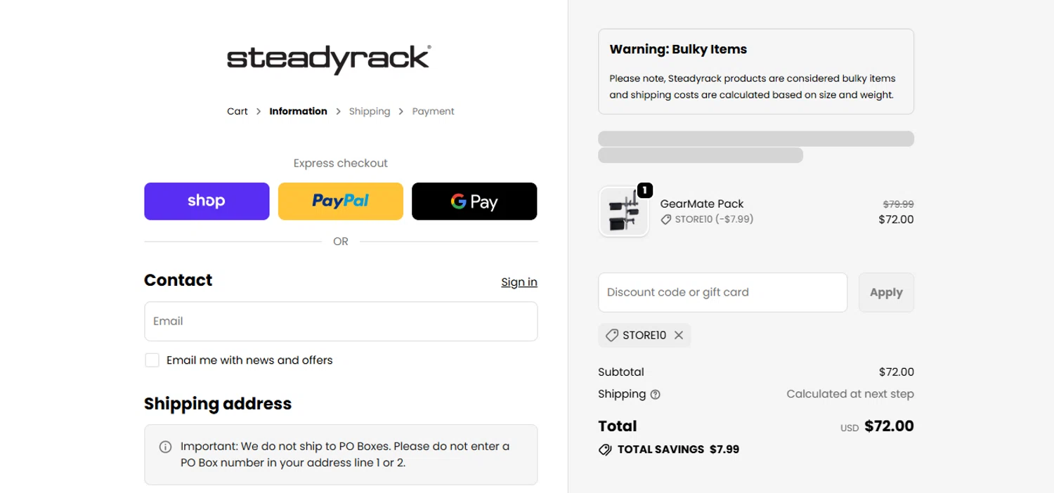 Steadyrack discount code screenshot showing code STORE10 applied at Steadyrack checkout page. Uploaded by SimplyCodes community member juanisaac on Dec 14, 2025