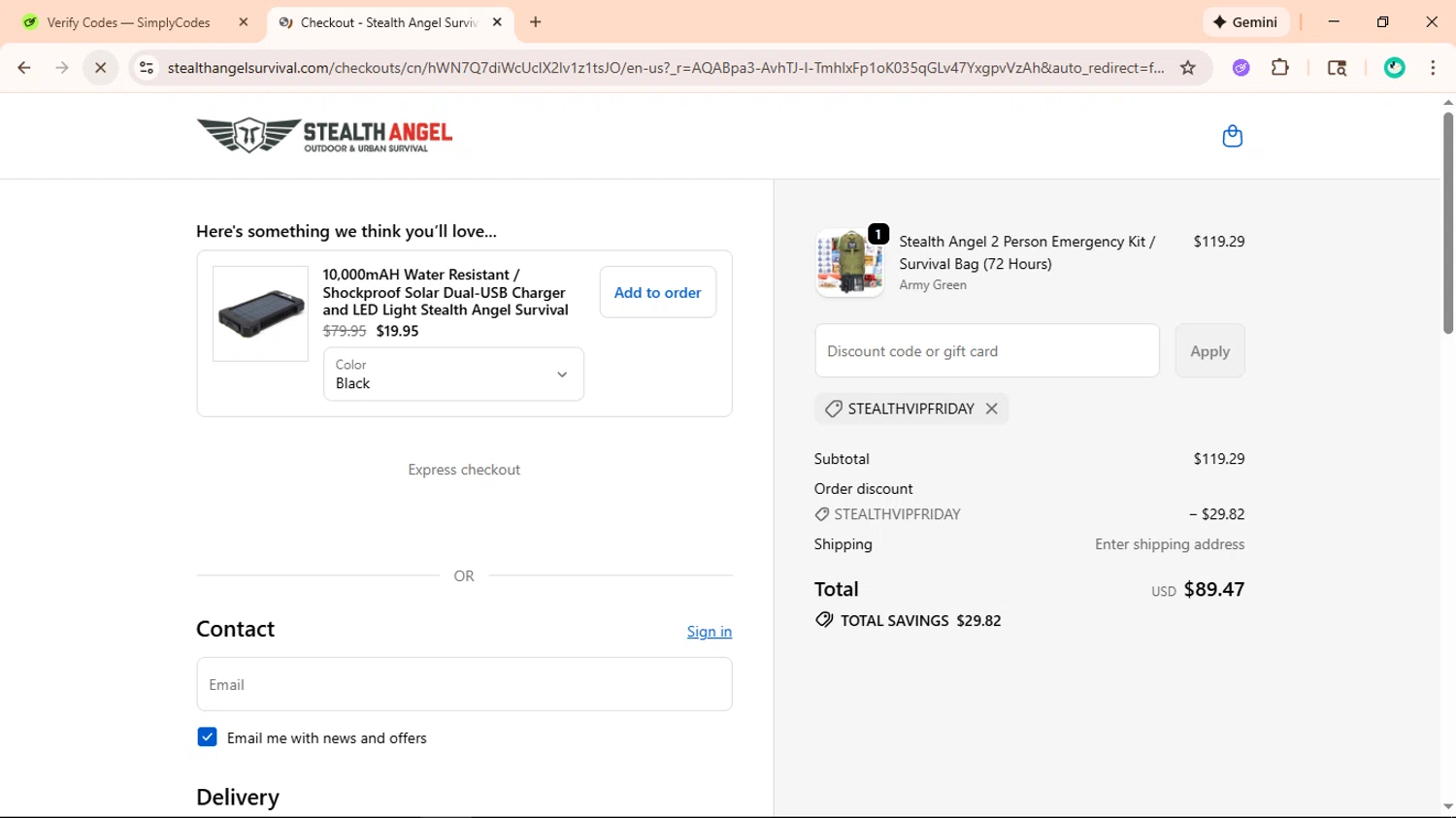 Stealth Angel Survival promo code screenshot showing code StealthVipFriday applied at Stealth Angel Survival checkout page. Uploaded by SimplyCodes community member ShieldLegend9691 on Jan 9, 2026