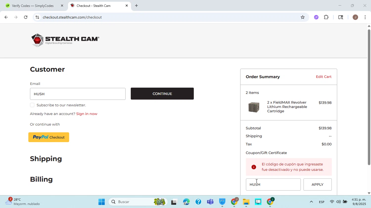 Stealth Cam promo code screenshot showing code HUSH applied at Stealth Cam checkout page. Uploaded by SimplyCodes community member ABHF23 on Aug 9, 2025