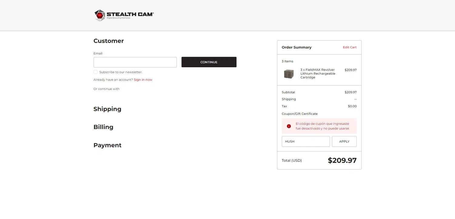 Stealth Cam promo code screenshot showing code HUSH applied at Stealth Cam checkout page. Uploaded by SimplyCodes community member PromoAdmiral6652 on Aug 9, 2025