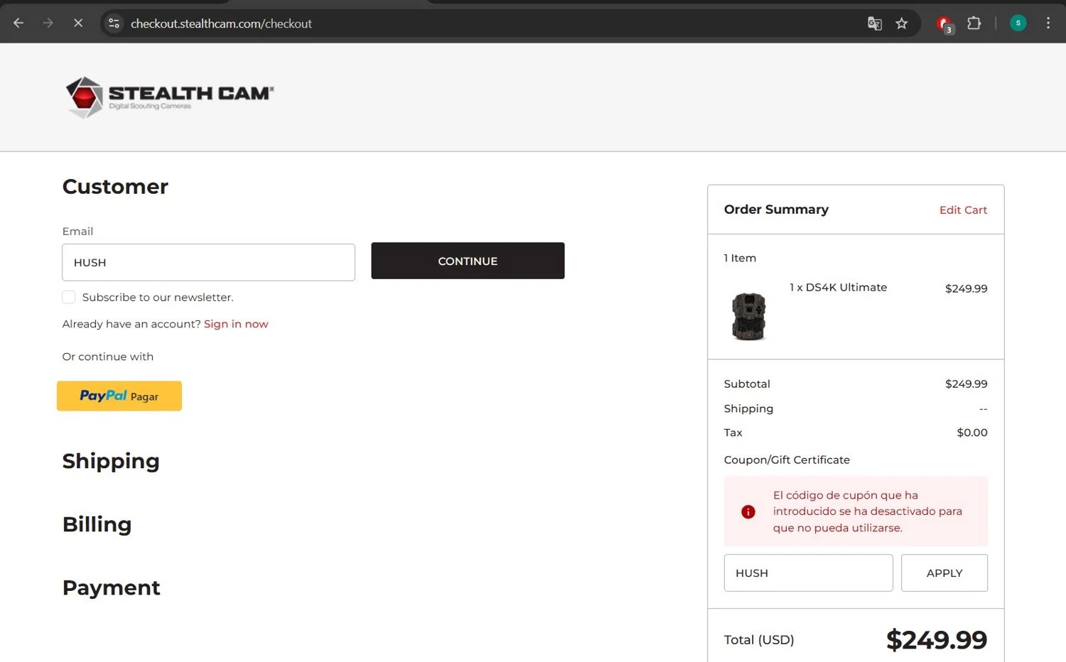 Stealth Cam promo code screenshot showing code HUSH applied at Stealth Cam checkout page. Uploaded by SimplyCodes community member lizimerz on Aug 9, 2025