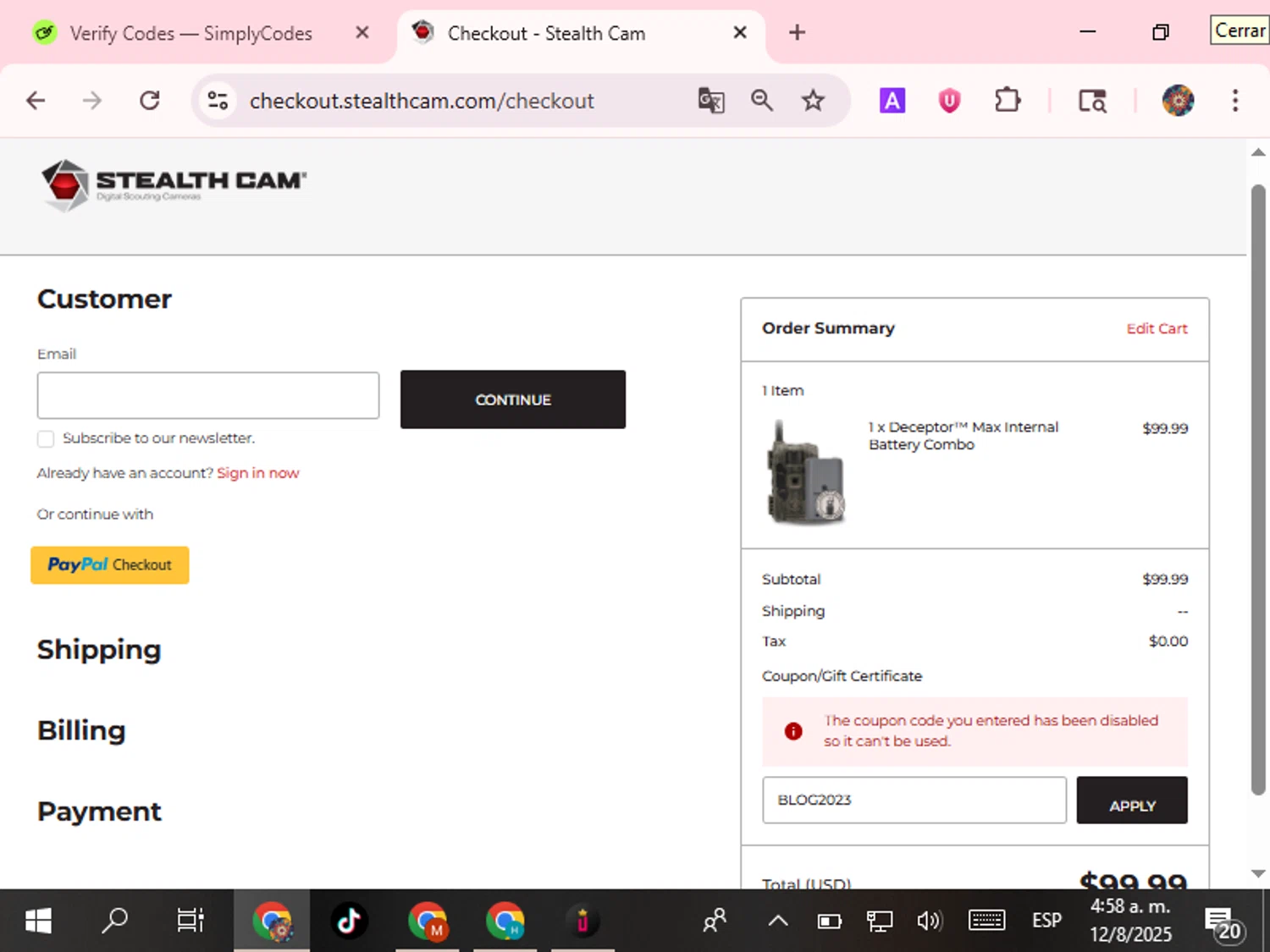 Stealth Cam promo code screenshot showing code BLOG2023 applied at Stealth Cam checkout page. Uploaded by SimplyCodes community member BudgetHunter9184 on Aug 12, 2025