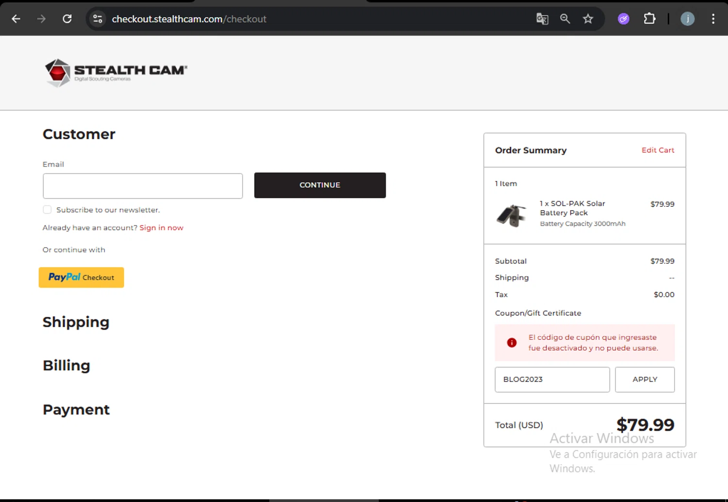 Stealth Cam promo code screenshot showing code BLOG2023 applied at Stealth Cam checkout page. Uploaded by SimplyCodes community member VictoriousCurator5776 on Aug 12, 2025