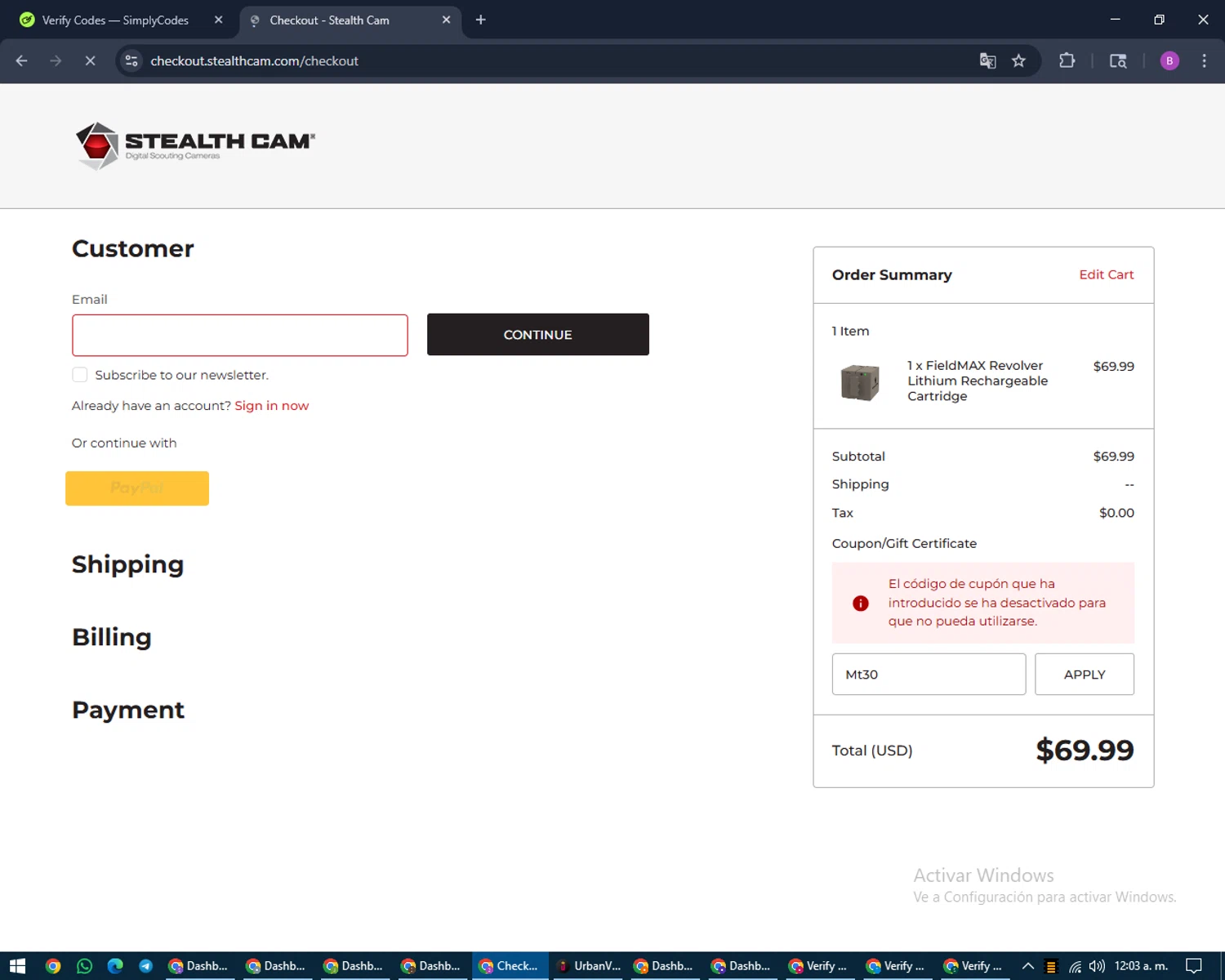 Stealth Cam promo code screenshot showing code Mt30 applied at Stealth Cam checkout page. Uploaded by SimplyCodes community member travisscott on Aug 12, 2025