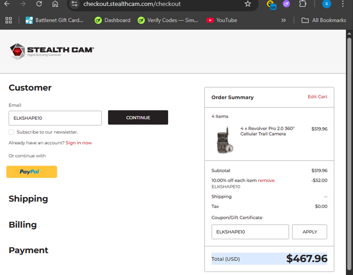 Stealth Cam promo code screenshot showing code ELKSHAPE10 applied at Stealth Cam checkout page. Uploaded by SimplyCodes community member Giyuuu on Aug 10, 2025