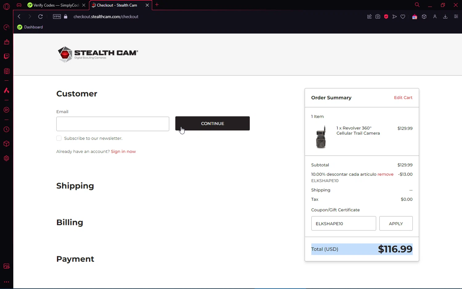 Stealth Cam promo code screenshot showing code ELKSHAPE10 applied at Stealth Cam checkout page. Uploaded by SimplyCodes community member jakeperro on Jan 19, 2025