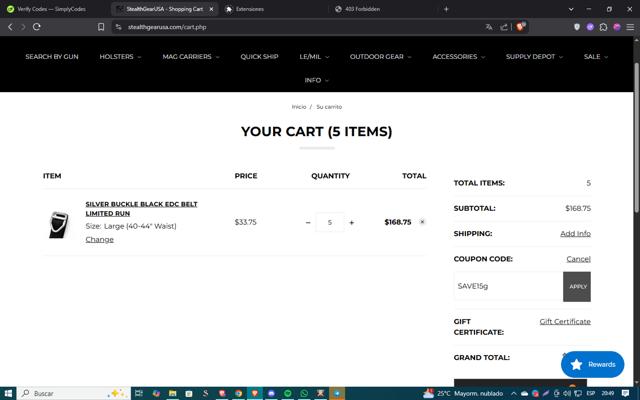 Stealth Gear USA checkout page showing Stealth Gear USA promo code box | Screenshot taken by SimplyCodes community member on Jun 26, 2025