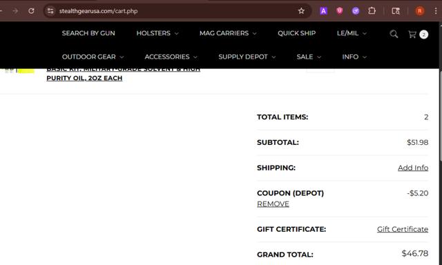Stealth Gear USA checkout page showing Stealth Gear USA promo code box | Screenshot taken by SimplyCodes community member on Jul 16, 2025