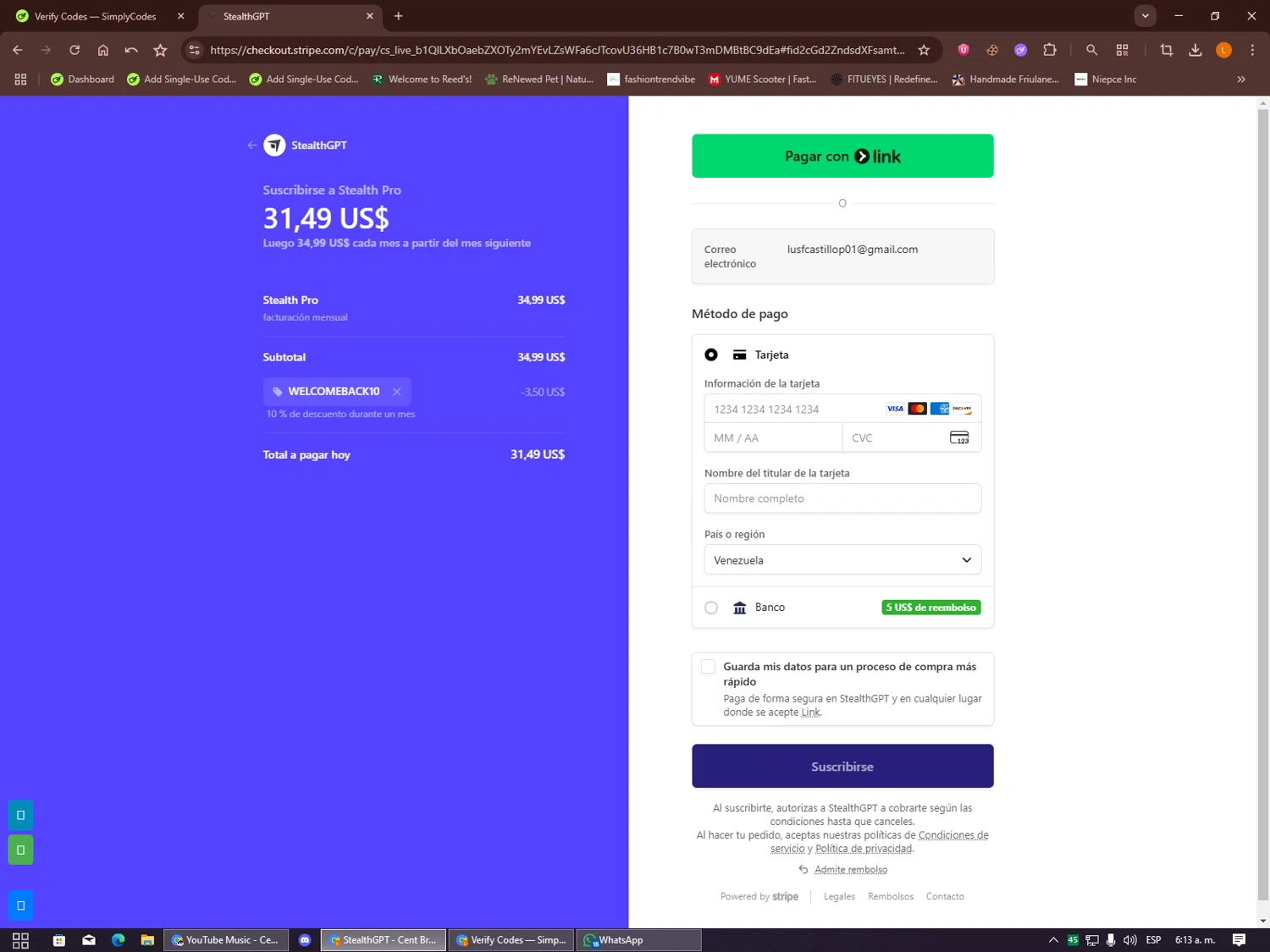 StealthGPT promo code screenshot showing code WELCOMEBACK10 applied at StealthGPT checkout page. Uploaded by SimplyCodes community member Alalee on Sep 26, 2025
