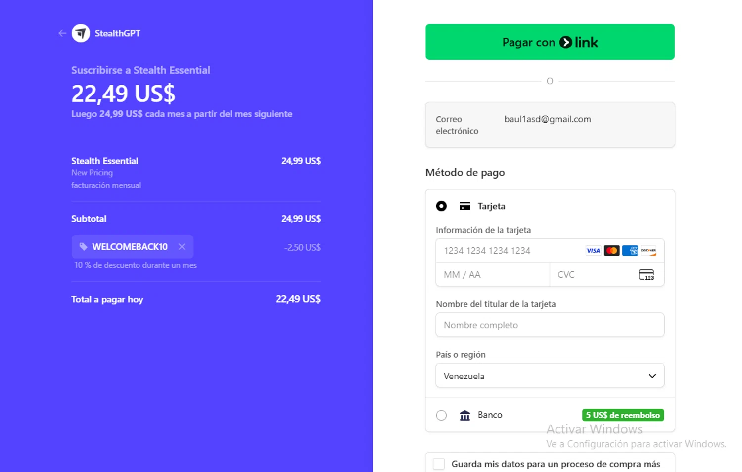 StealthGPT promo code screenshot showing code WELCOMEBACK10 applied at StealthGPT checkout page. Uploaded by SimplyCodes community member Gary_23 on Oct 4, 2025
