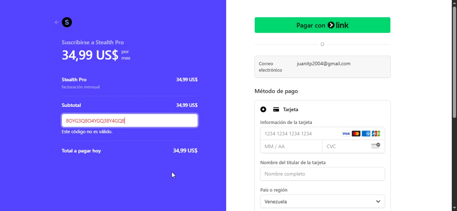 StealthGPT promo code screenshot showing code 8OYG3Q8O4YGQ38Y4GQ8 applied at StealthGPT checkout page. Uploaded by SimplyCodes community member Bendito on Aug 3, 2025