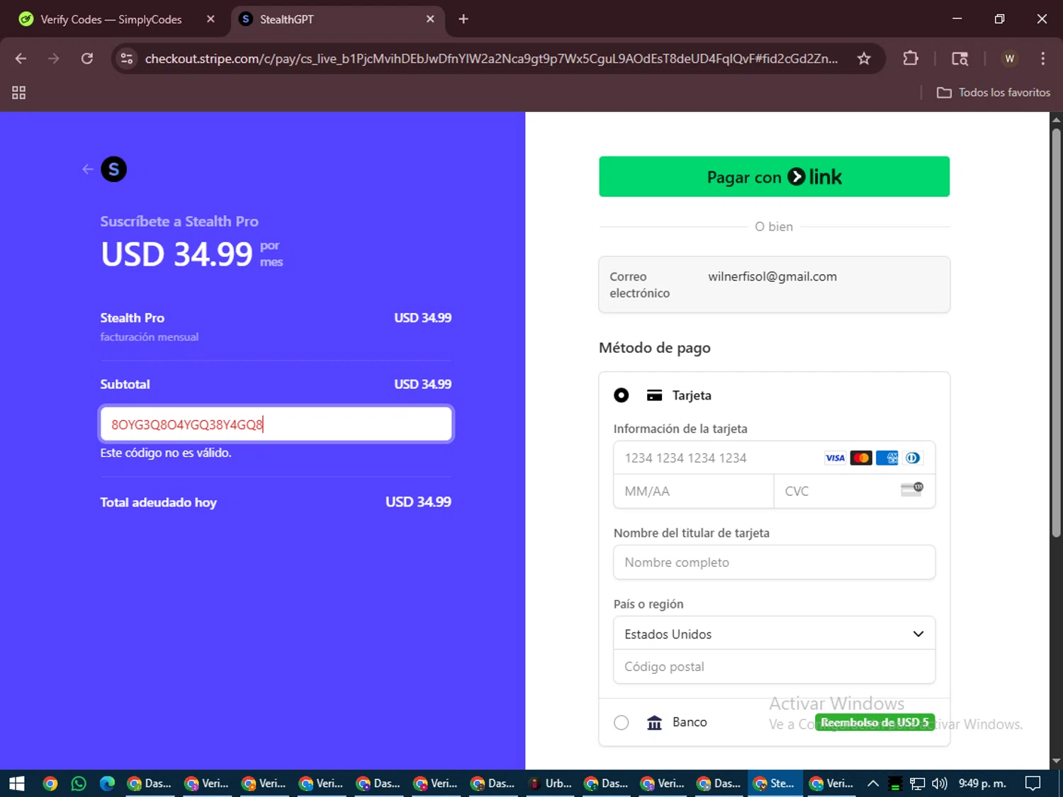 StealthGPT promo code screenshot showing code 8OYG3Q8O4YGQ38Y4GQ8 applied at StealthGPT checkout page. Uploaded by SimplyCodes community member DealMaestro2101 on Aug 3, 2025