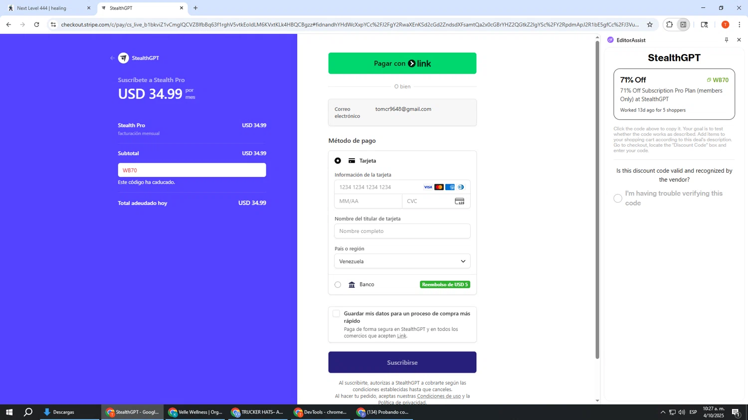 StealthGPT promo code screenshot showing code WB70 applied at StealthGPT checkout page. Uploaded by SimplyCodes community member HHHHHHH on Oct 4, 2025
