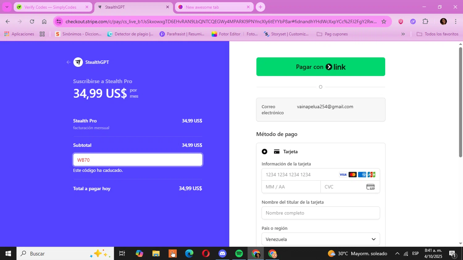 StealthGPT promo code screenshot showing code WB70 applied at StealthGPT checkout page. Uploaded by SimplyCodes community member Kulomii on Oct 4, 2025