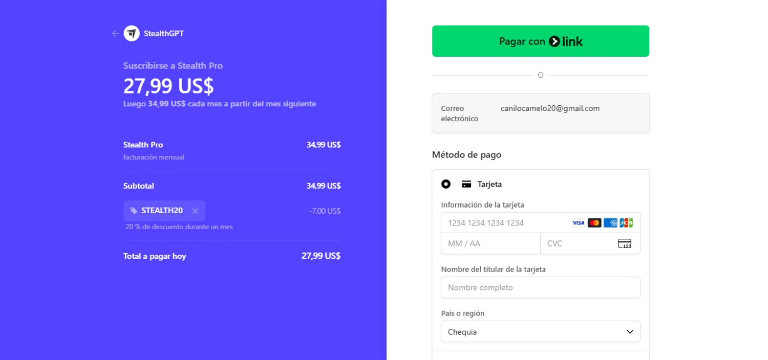 StealthGPT promo code screenshot showing code STEALTH20 applied at StealthGPT checkout page. Uploaded by SimplyCodes community member MagnificentCurator5441 on Nov 2, 2025