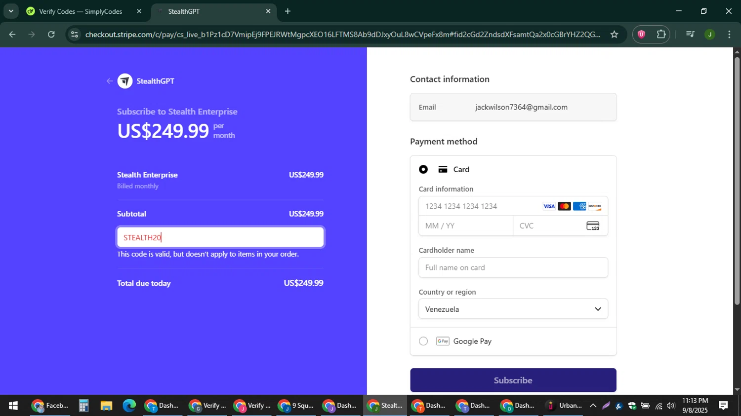 StealthGPT promo code screenshot showing code STEALTH20 applied at StealthGPT checkout page. Uploaded by SimplyCodes community member ShieldFinder369 on Sep 9, 2025