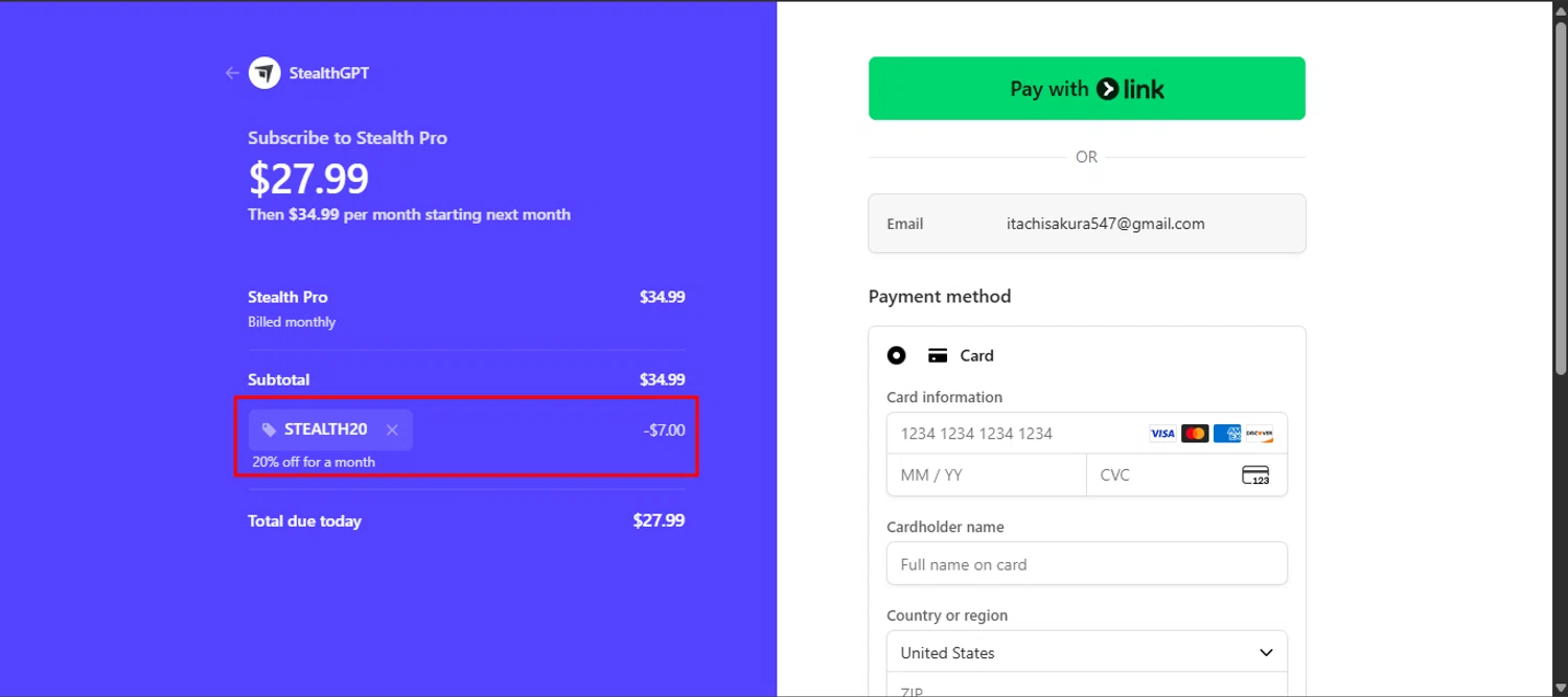 StealthGPT promo code screenshot showing code STEALTH20 applied at StealthGPT checkout page. Uploaded by SimplyCodes community member noworries on Dec 2, 2025