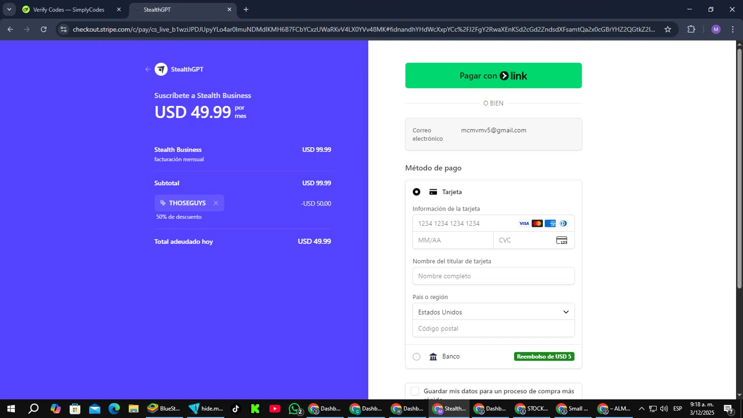 StealthGPT promo code screenshot showing code THOSEGUYS applied at StealthGPT checkout page. Uploaded by SimplyCodes community member CouponGuardian8137 on Dec 3, 2025