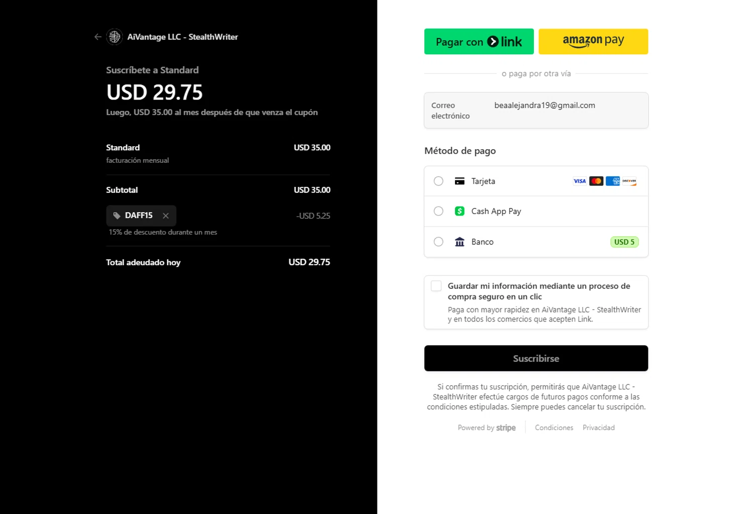 Stealthwriter promo code screenshot showing code DAFF15 applied at Stealthwriter checkout page. Uploaded by SimplyCodes community member BeaMartinez on Apr 1, 2025