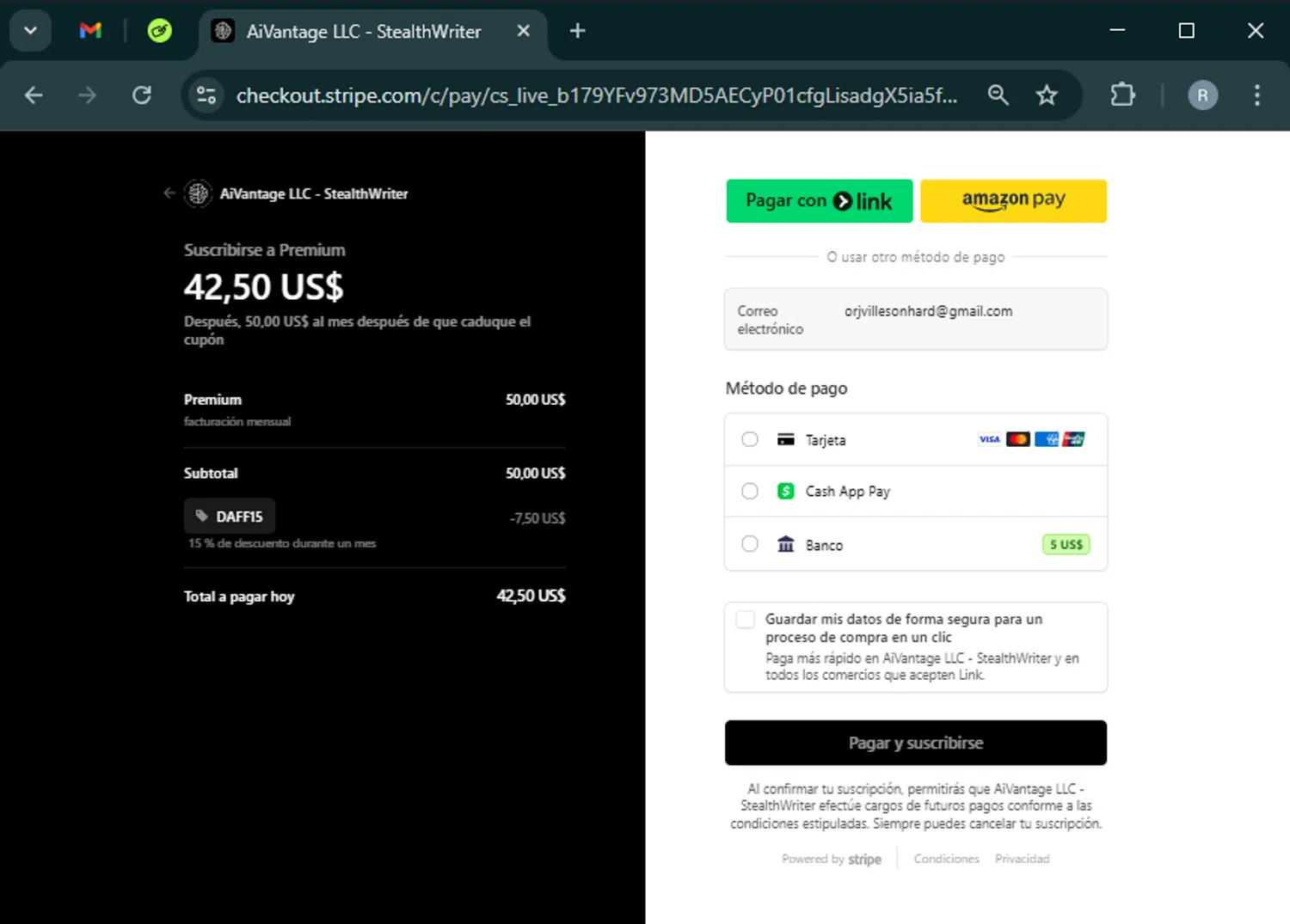 Stealthwriter promo code screenshot showing code DAFF15 applied at Stealthwriter checkout page. Uploaded by SimplyCodes community member PrimeWhiz5416 on Mar 3, 2025