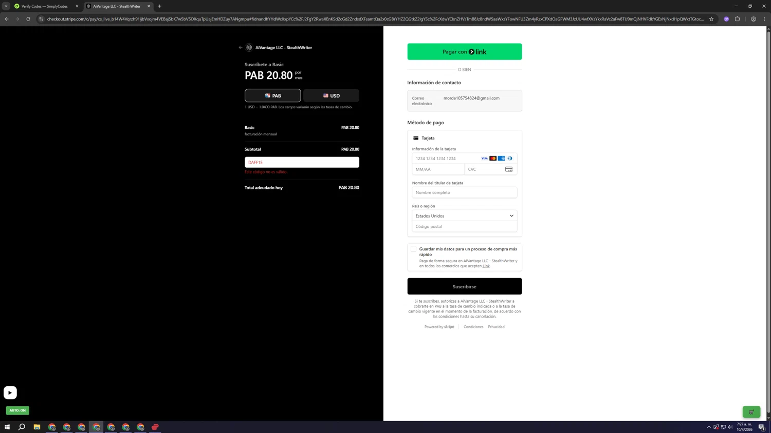 Stealthwriter promo code screenshot showing code DAFF15 applied at Stealthwriter checkout page. Uploaded by SimplyCodes community member vbvdftg45 on Apr 10, 2026