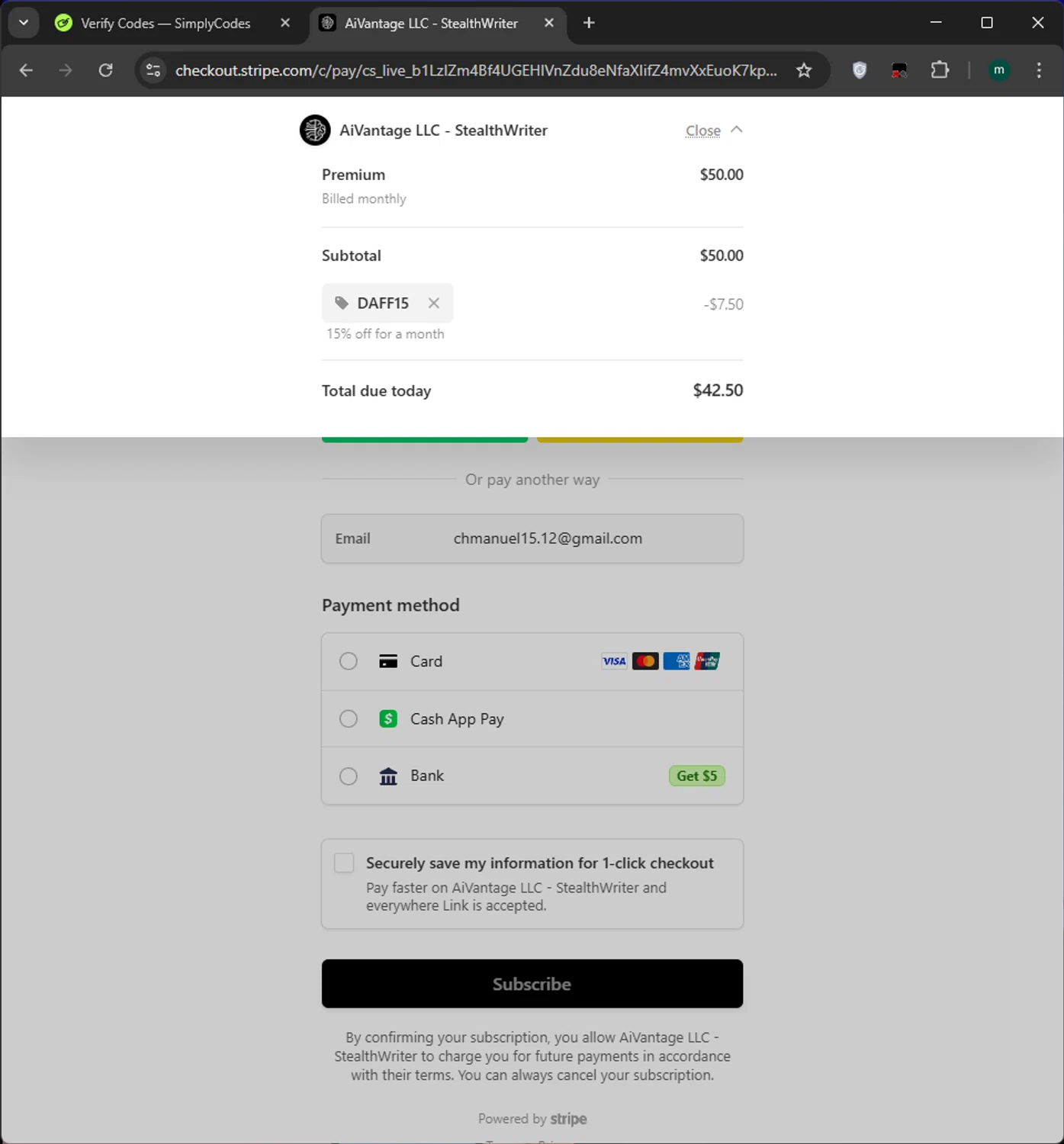 Stealthwriter promo code screenshot showing code DAFF15 applied at Stealthwriter checkout page. Uploaded by SimplyCodes community member manuelchirinos2 on Apr 1, 2025