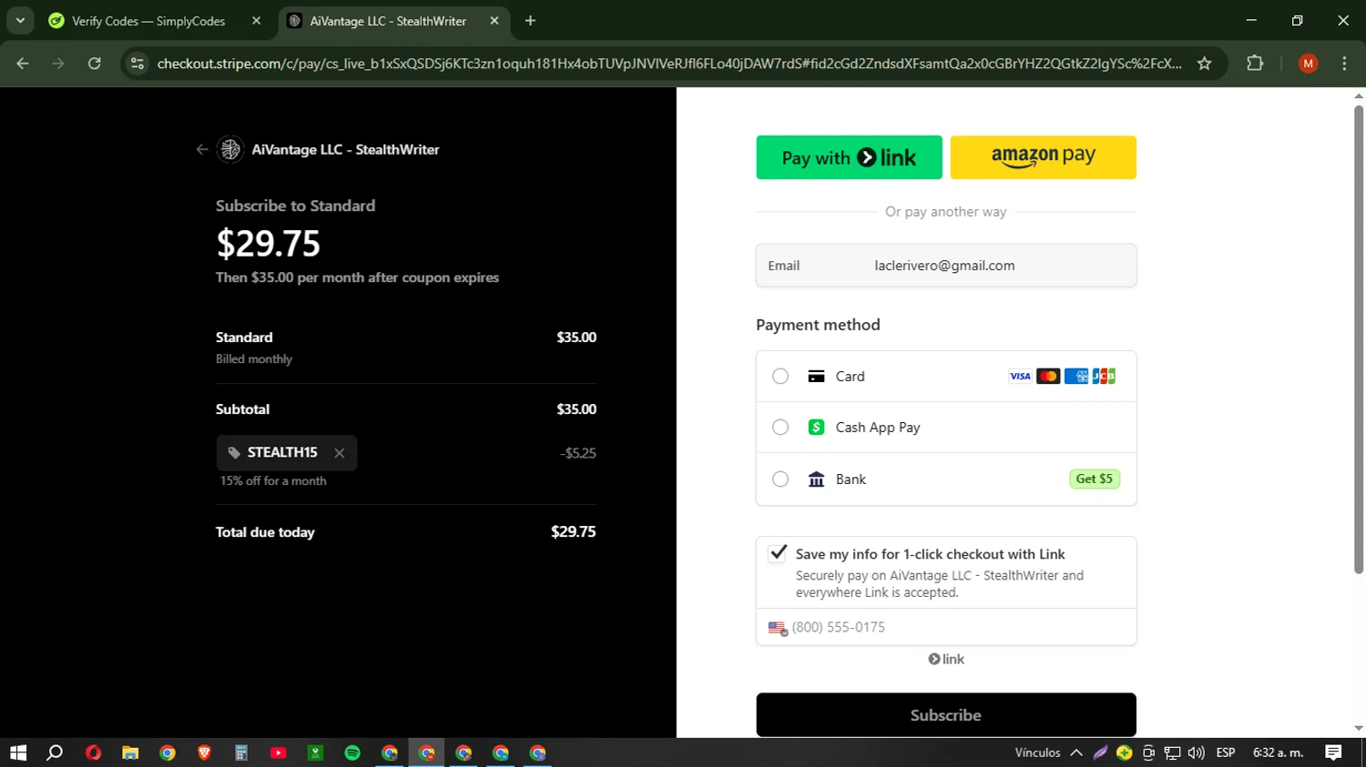 Stealthwriter promo code screenshot showing code STEALTH15 applied at Stealthwriter checkout page. Uploaded by SimplyCodes community member NobleSentinel6058 on Mar 18, 2025