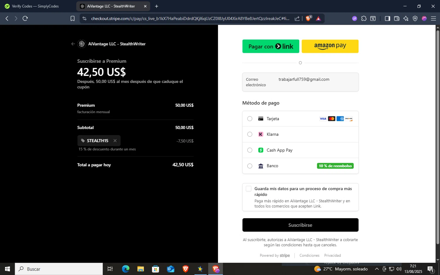 Stealthwriter promo code screenshot showing code STEALTH15 applied at Stealthwriter checkout page. Uploaded by SimplyCodes community member esponja on Aug 13, 2025