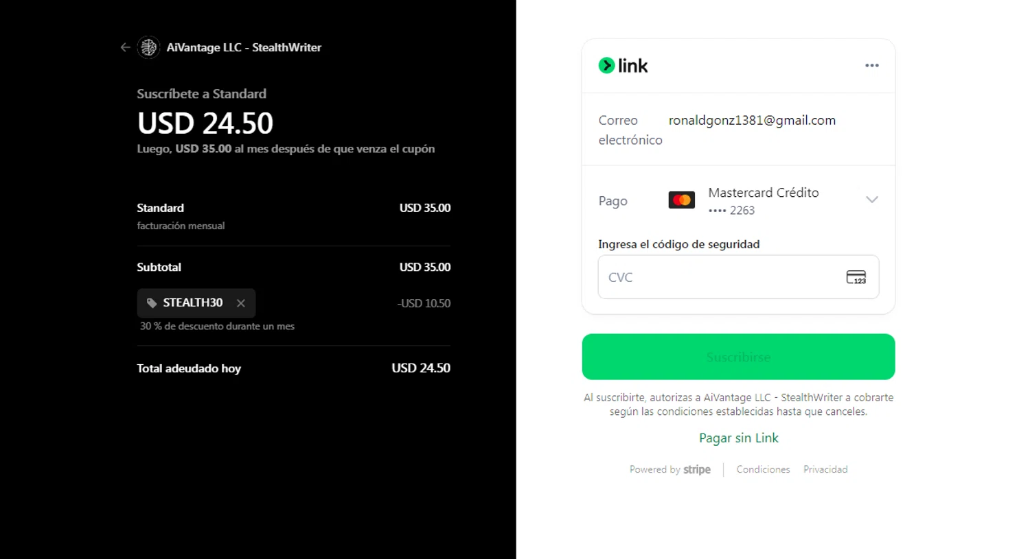 Stealthwriter promo code screenshot showing code STEALTH30 applied at Stealthwriter checkout page. Uploaded by SimplyCodes community member SavvyHawk656 on Oct 16, 2025