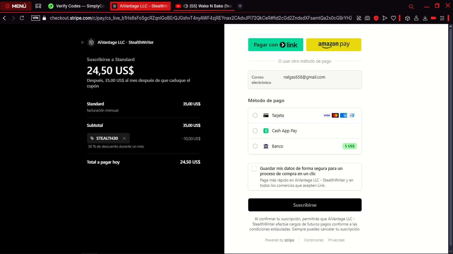 Stealthwriter promo code screenshot showing code STEALTH30 applied at Stealthwriter checkout page. Uploaded by SimplyCodes community member jdecxxx on Mar 17, 2025