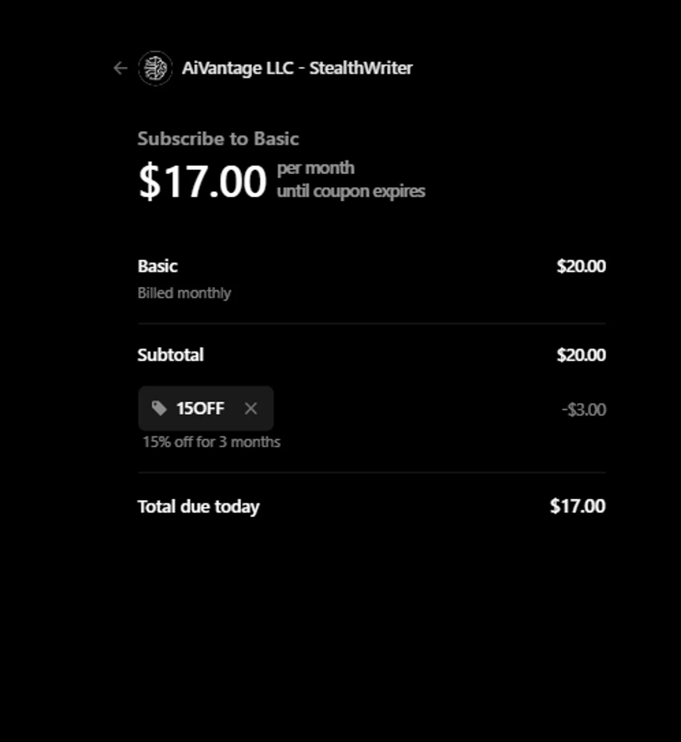 Stealthwriter promo code screenshot showing code 15OFF applied at Stealthwriter checkout page. Uploaded by SimplyCodes community member tuvalu10 on Jun 20, 2025