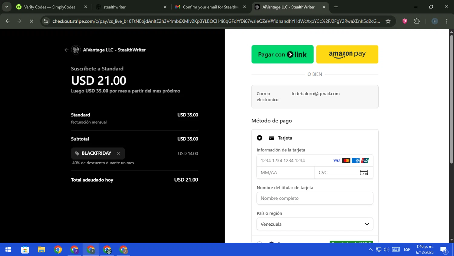 Stealthwriter promo code screenshot showing code BLACKFRIDAY applied at Stealthwriter checkout page. Uploaded by SimplyCodes community member pajarito on Dec 6, 2025