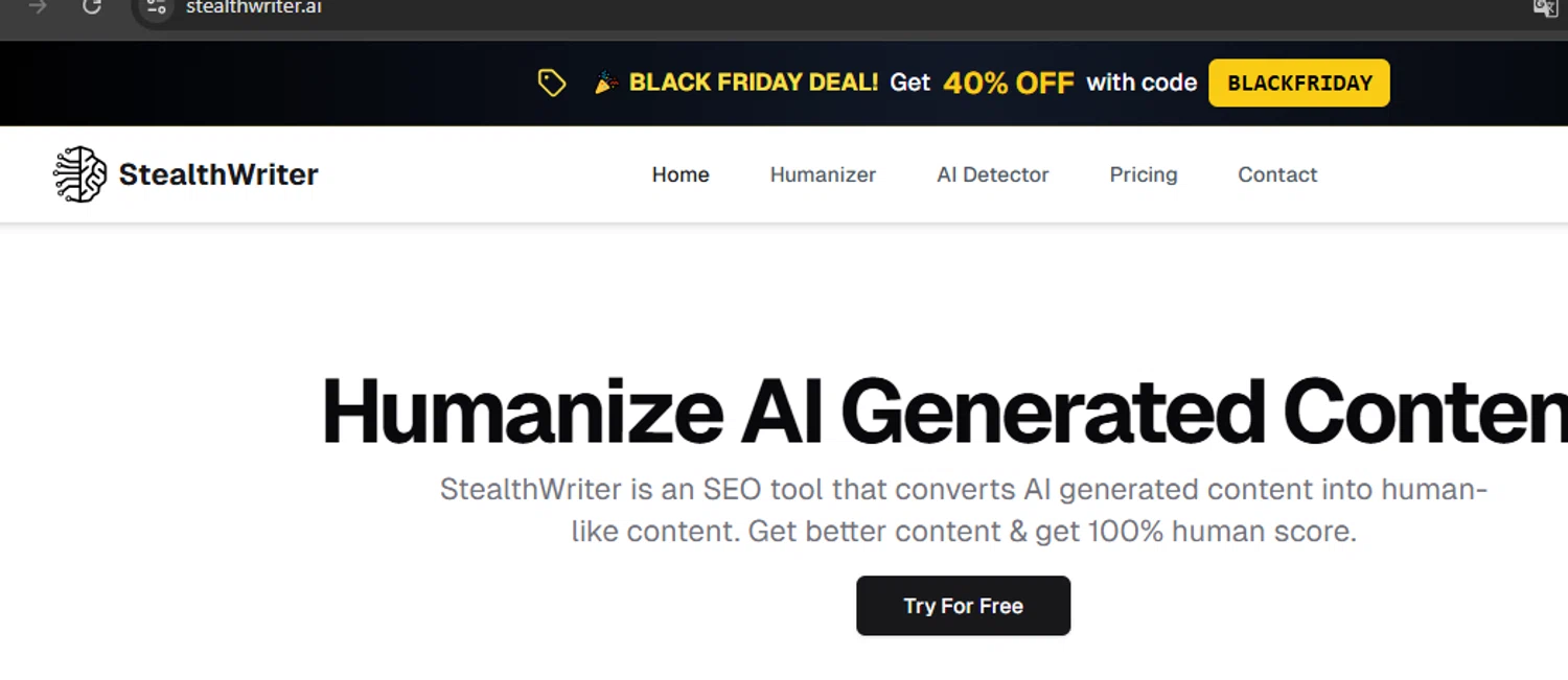 Stealthwriter promo code screenshot showing code BLACKFRIDAY applied at Stealthwriter checkout page. Uploaded by SimplyCodes community member javierprez on Dec 6, 2025