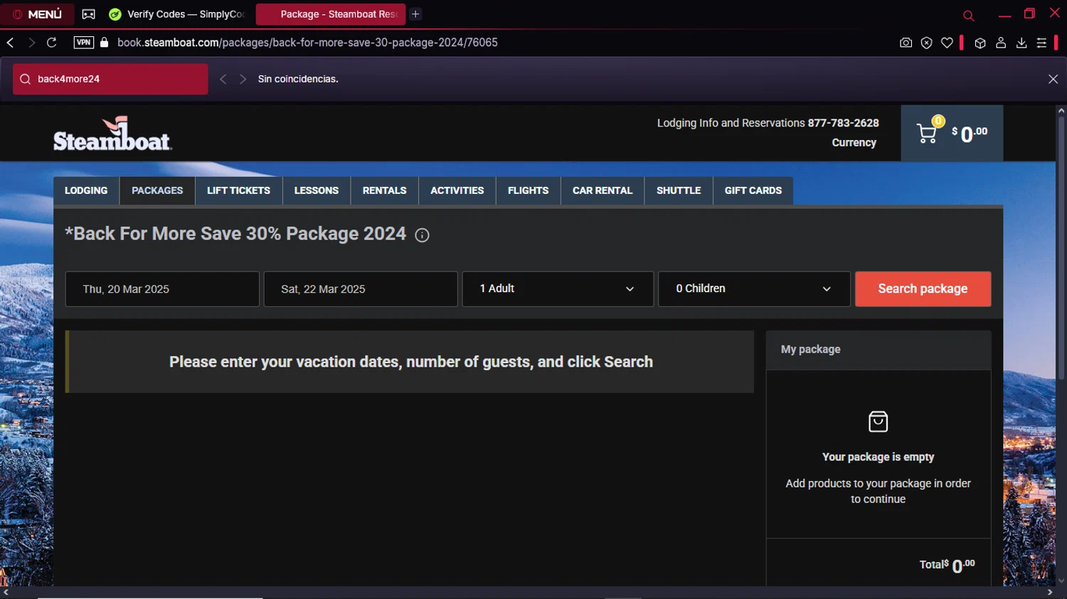 Steamboat Resort checkout page showing Steamboat Resort promo code box | Screenshot taken by SimplyCodes community member on Mar 18, 2025