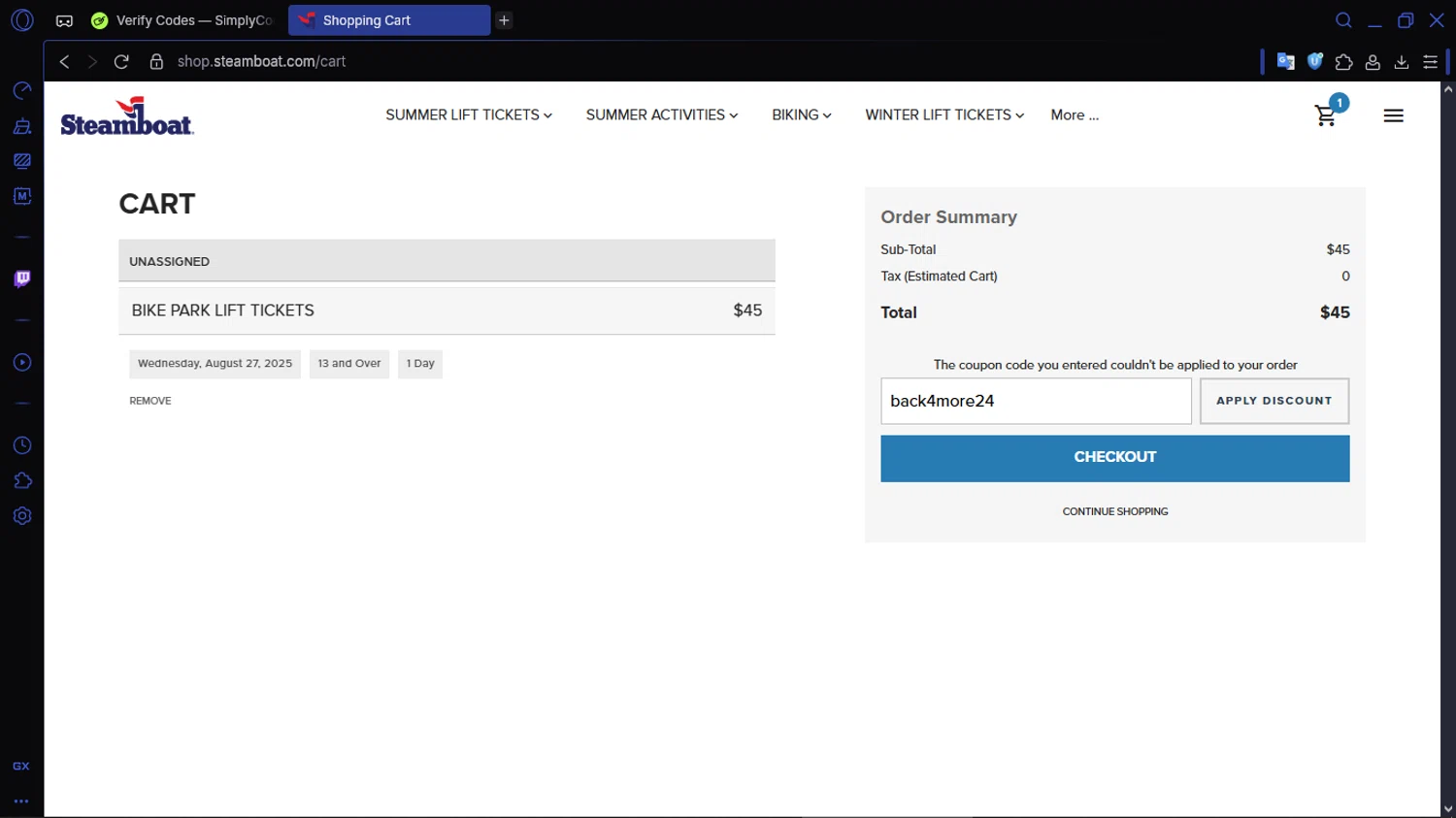 Steamboat Resort promo code screenshot showing code back4more24 applied at Steamboat Resort checkout page. Uploaded by SimplyCodes community member ACIDOSULFURICO on Aug 4, 2025