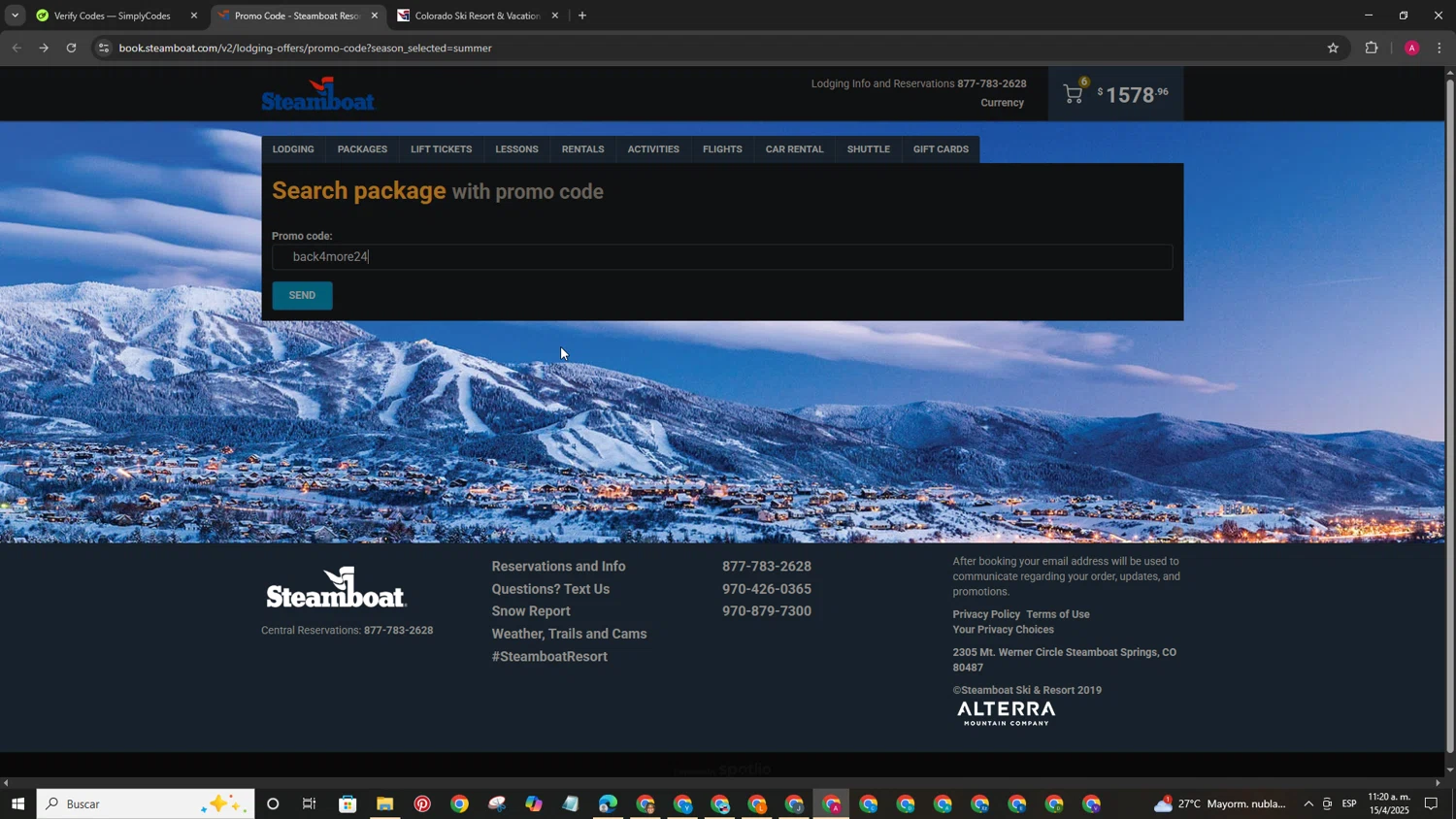 Steamboat Resort checkout page showing Steamboat Resort promo code box | Screenshot taken by SimplyCodes community member on Apr 15, 2025