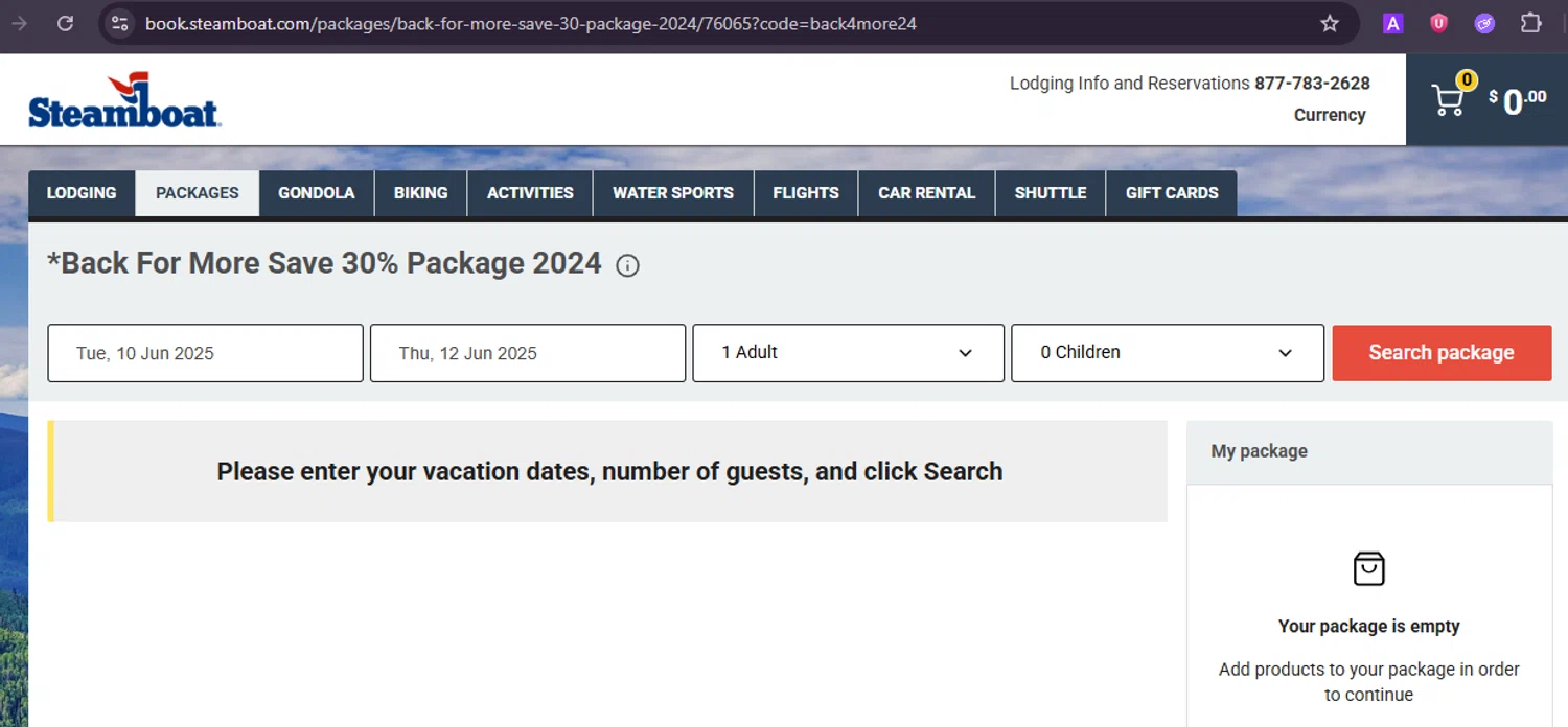 Steamboat Resort checkout page showing Steamboat Resort promo code box | Screenshot taken by SimplyCodes community member on Jun 8, 2025